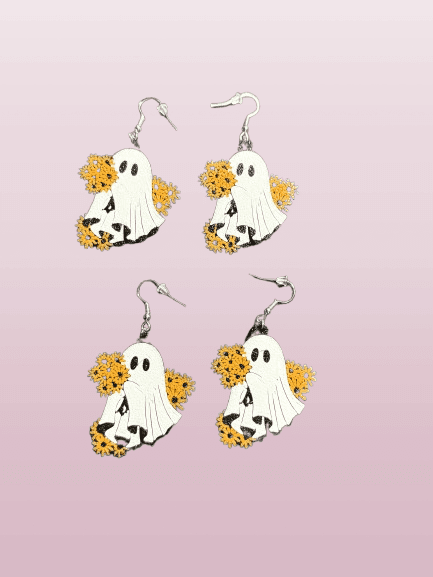 Ghost Flower Halloween Earrings - Plastic Design with Sunflower Details