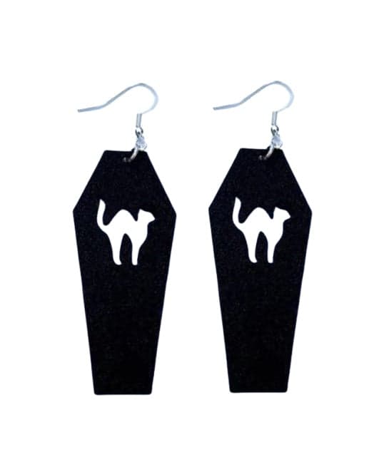 Halloween Cat Coffin Earrings - Spooky Plastic Earrings with Cat Coffin Design
